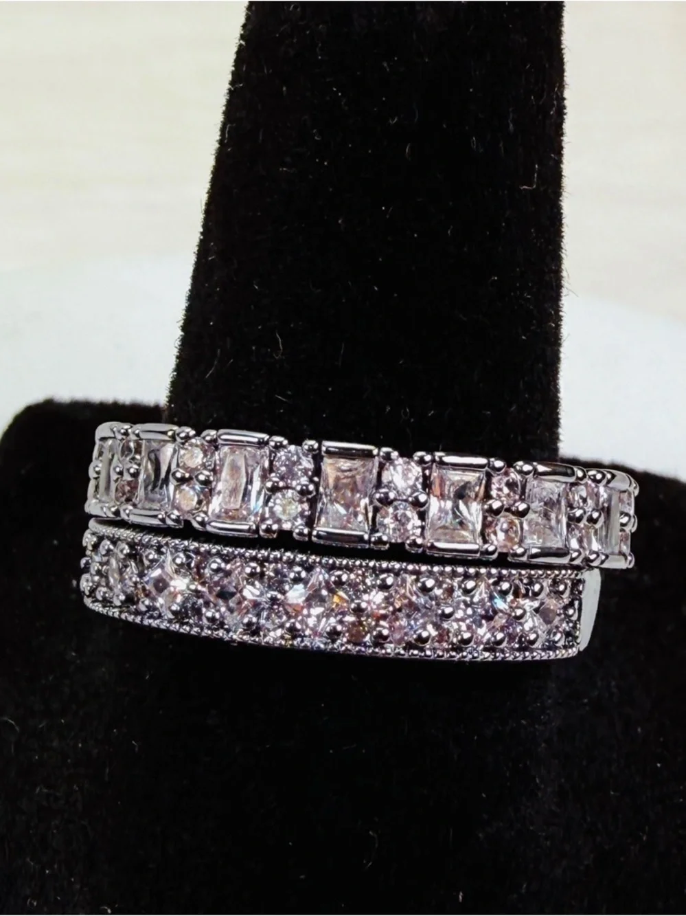 Silvertone Tone Pave Double Band Ring with Clear Stones sz 8